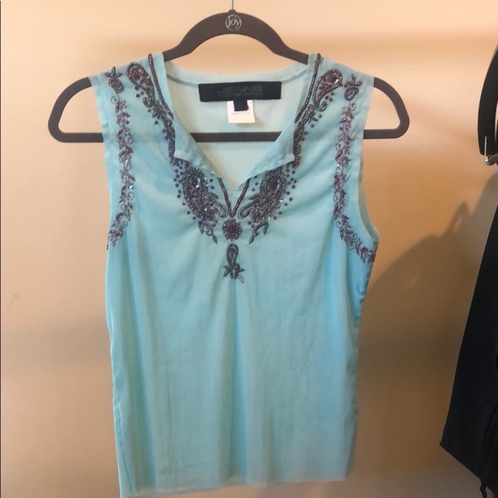 Turquoise top with beaded embroidery, size M
